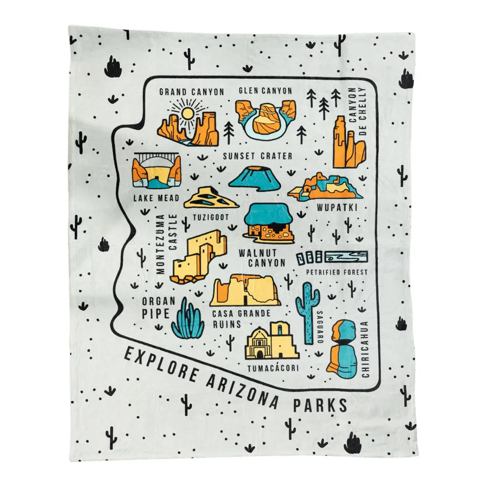 Explore Arizona Parks Fleece Blanket featuring a colorful design on a white background