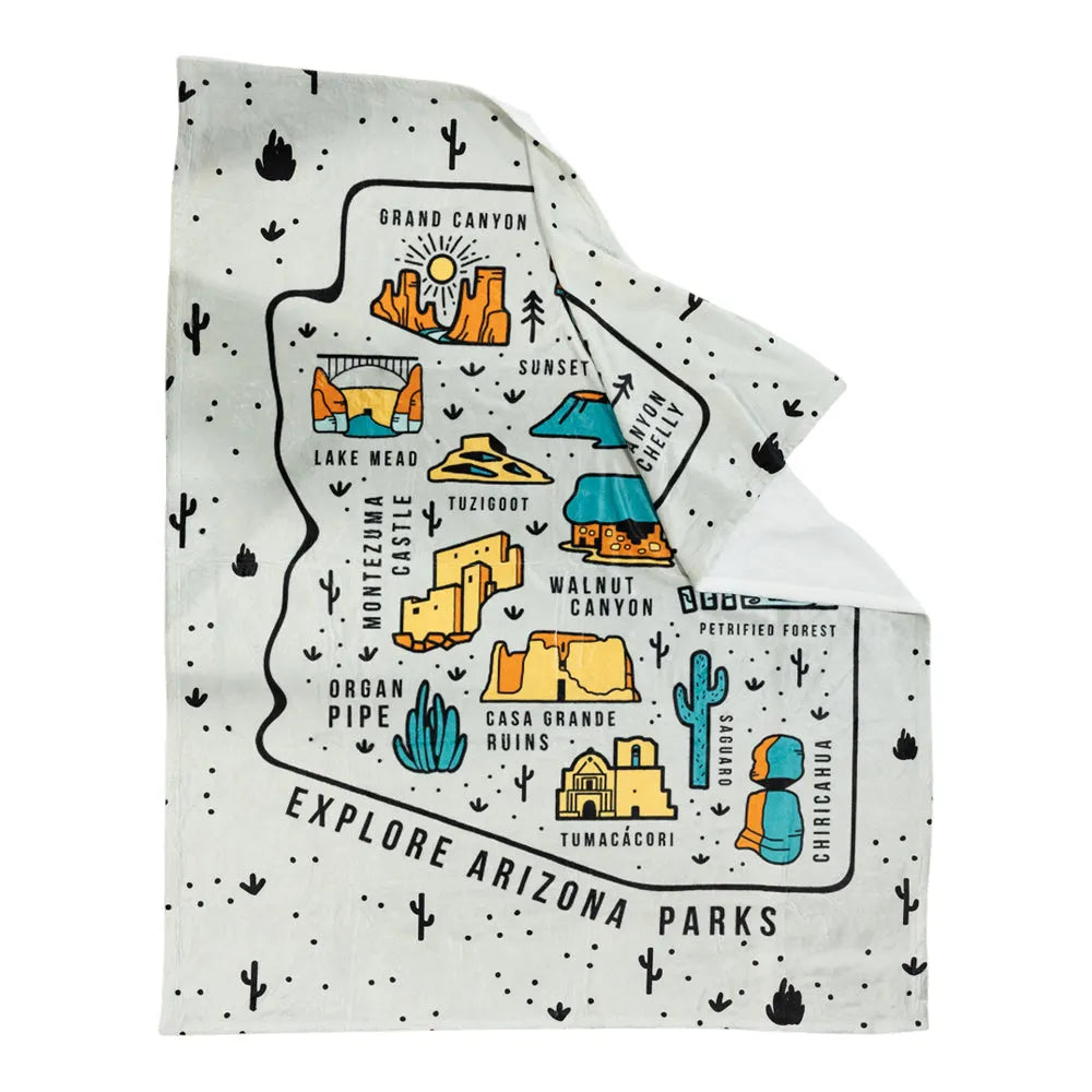 Folded fleece blanket with a map of Arizona parks design on a white background