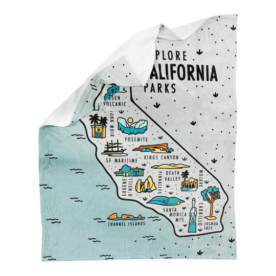Explore California Parks Fleece Blanket with a folded over corner on a white background