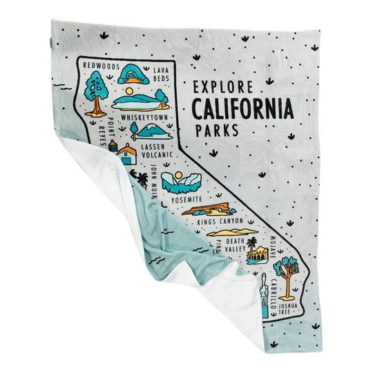 Blanket with California parks illustration on a white background