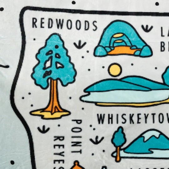 Illustrated map of California with scenic icons and text labels.