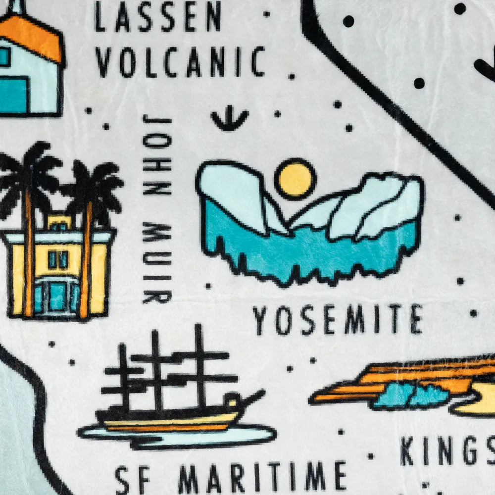 Illustrated map with various locations labeled, including Lassen Volcanic, John Muir, Yosemite, SF Maritime, and Kings.