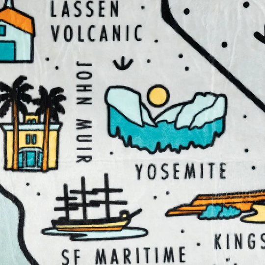 Illustrated map with various locations labeled, including Lassen Volcanic, John Muir, Yosemite, SF Maritime, and Kings.