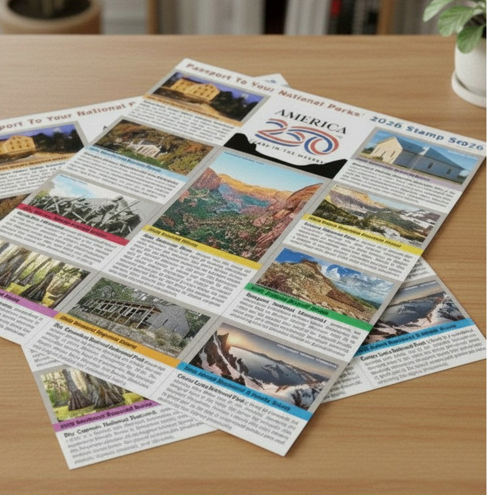 A printed 'Passport To Your National Parks 2026 Stamp Series' sheet laid on a wooden tabletop. The sheet contains multiple scenic photographs, text blocks, and colorful headers.