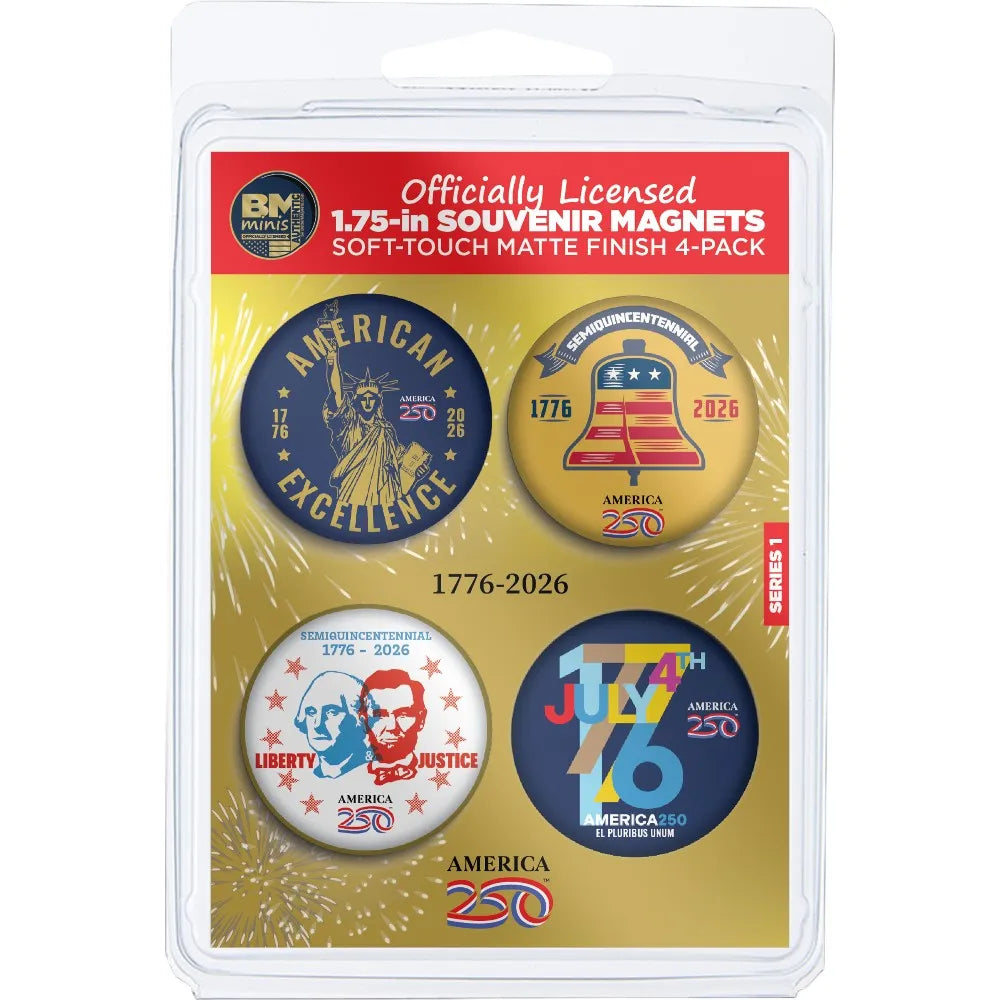 Packaged set of 4 America 250 souvenir magnets with American-themed designs on a white background