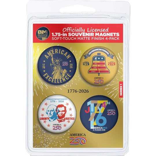 Packaged set of 4 America 250 souvenir magnets with American-themed designs on a white background