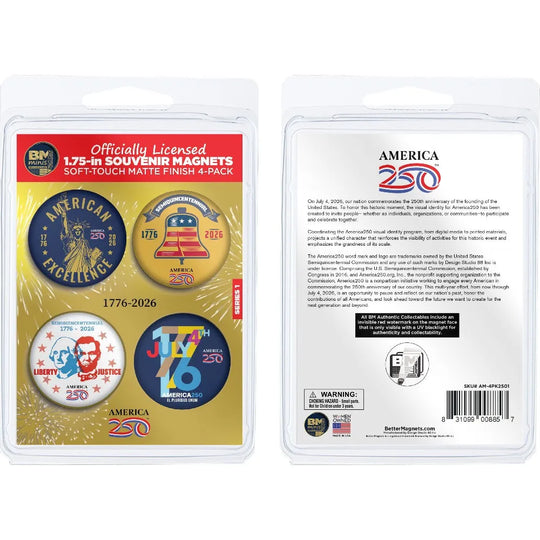 America 250 Round Magnet Set package front and back view on white background