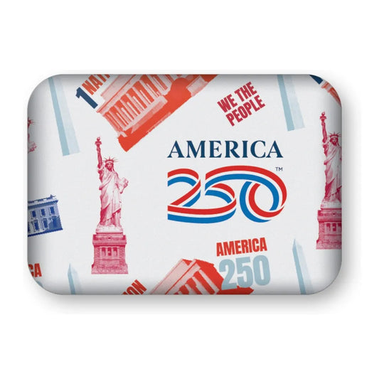 Rectangular magnet with 'America 250' design featuring the Statue of Liberty and text on a white background