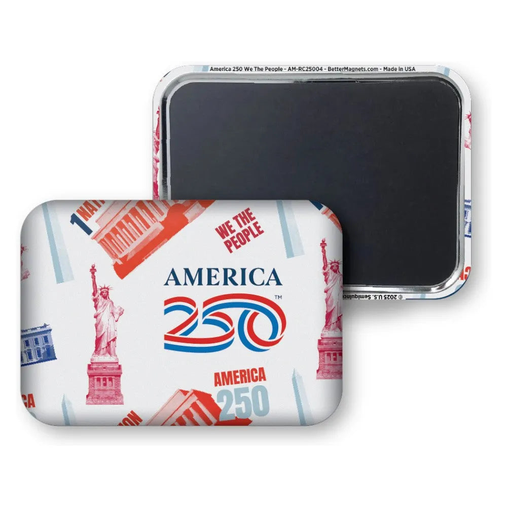 Refridgerator magnet with 'America 250' design featuring the Statue of Liberty and text on a white background.