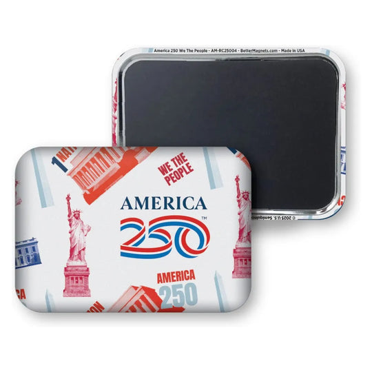 Refridgerator magnet with 'America 250' design featuring the Statue of Liberty and text on a white background.