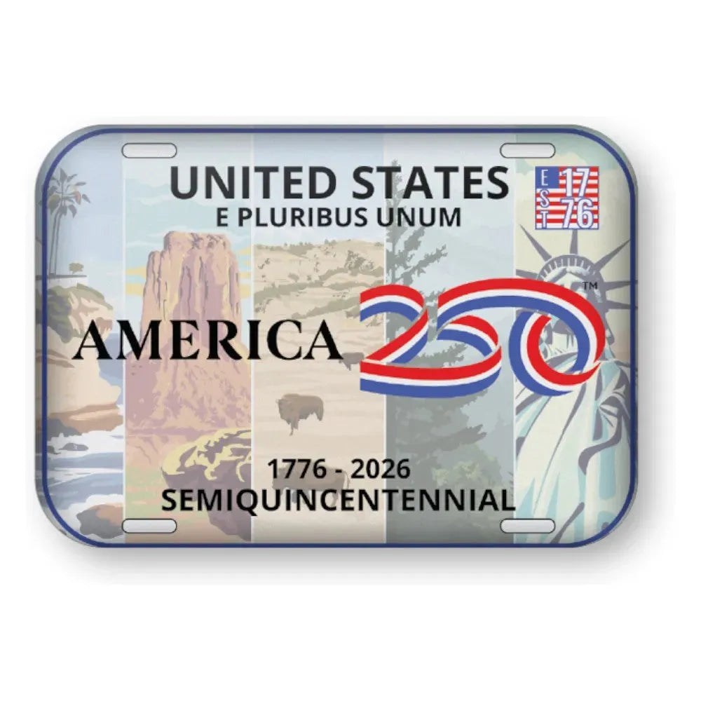 United States license plate celebrating America's 250th anniversary with scenic images and text.