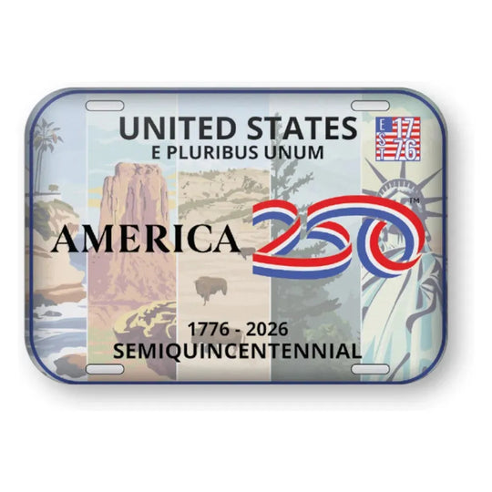 United States license plate celebrating America's 250th anniversary with scenic images and text.