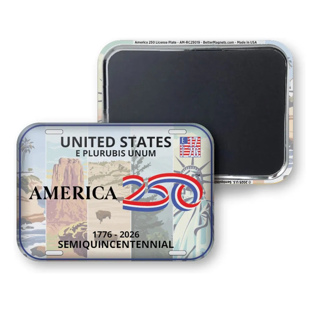 License plate design refrigerator magnet celebrating America's 250th anniversary with scenic images and text.