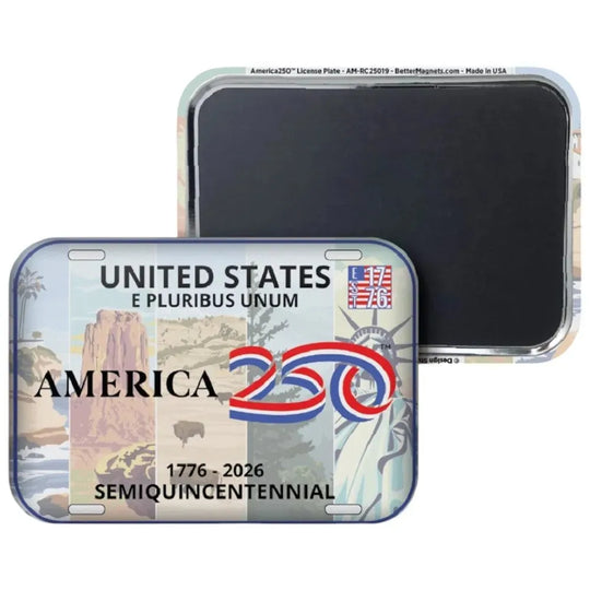 License plate design refrigerator magnet celebrating America's 250th anniversary with scenic images and text.