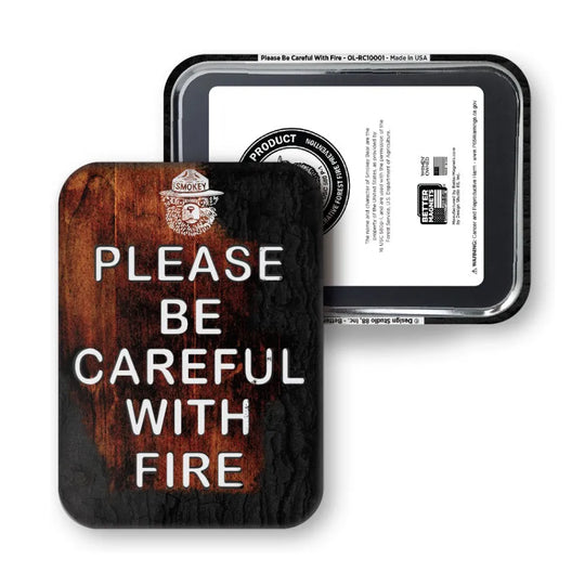 Refrigerator magnet with 'Please Be Careful With Fire' text and Smokey Bear portrait