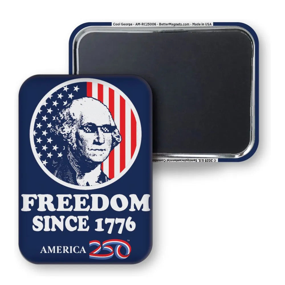 Fridge magnet with American flag and portrait of George Washington, featuring 'Freedom Since 1776' text.