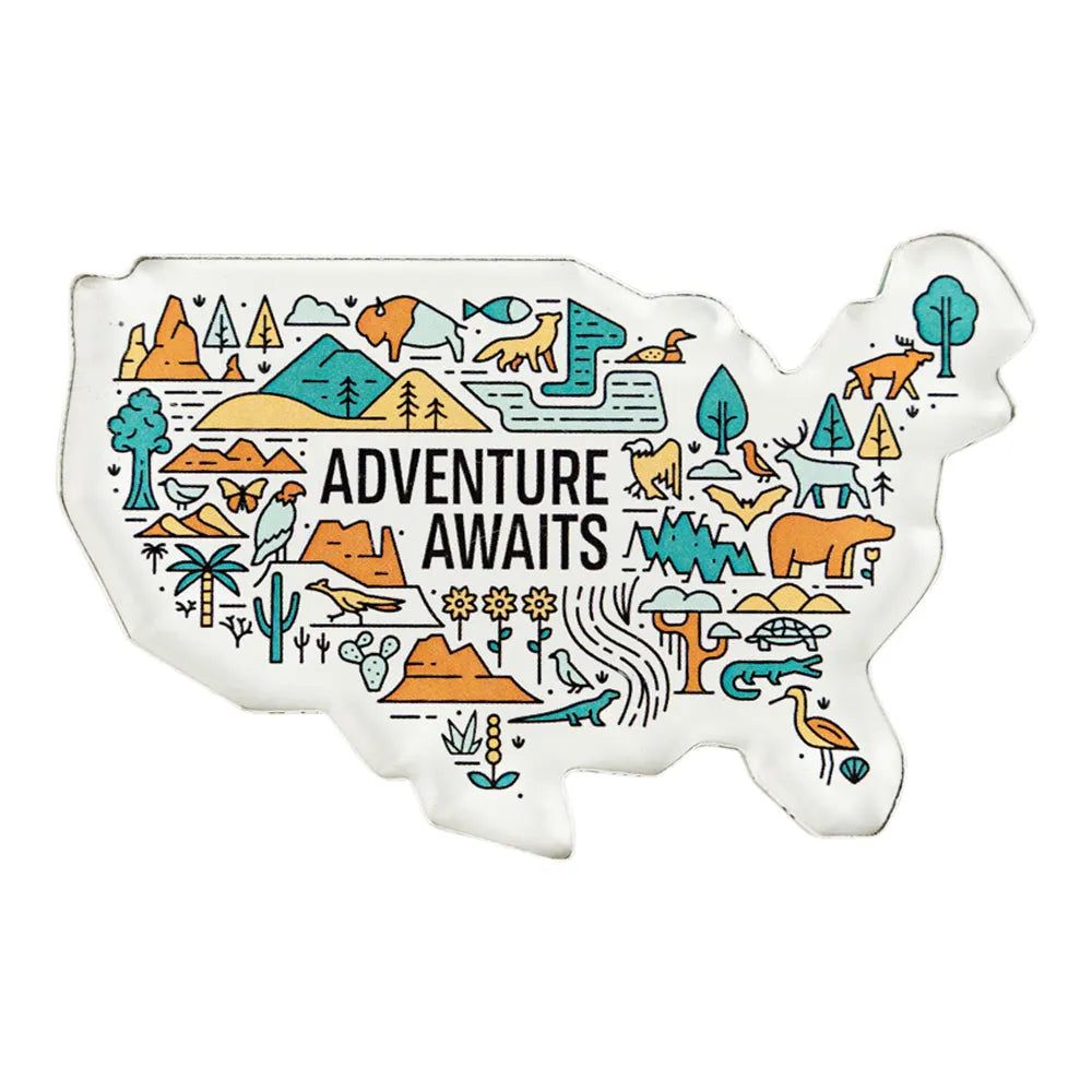 Map of the United States with nature-themed icons and 'Adventure Awaits' text on a white background