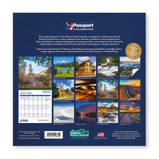Calendar back cover with images of national parks and 'Passport to Your National Parks' branding.