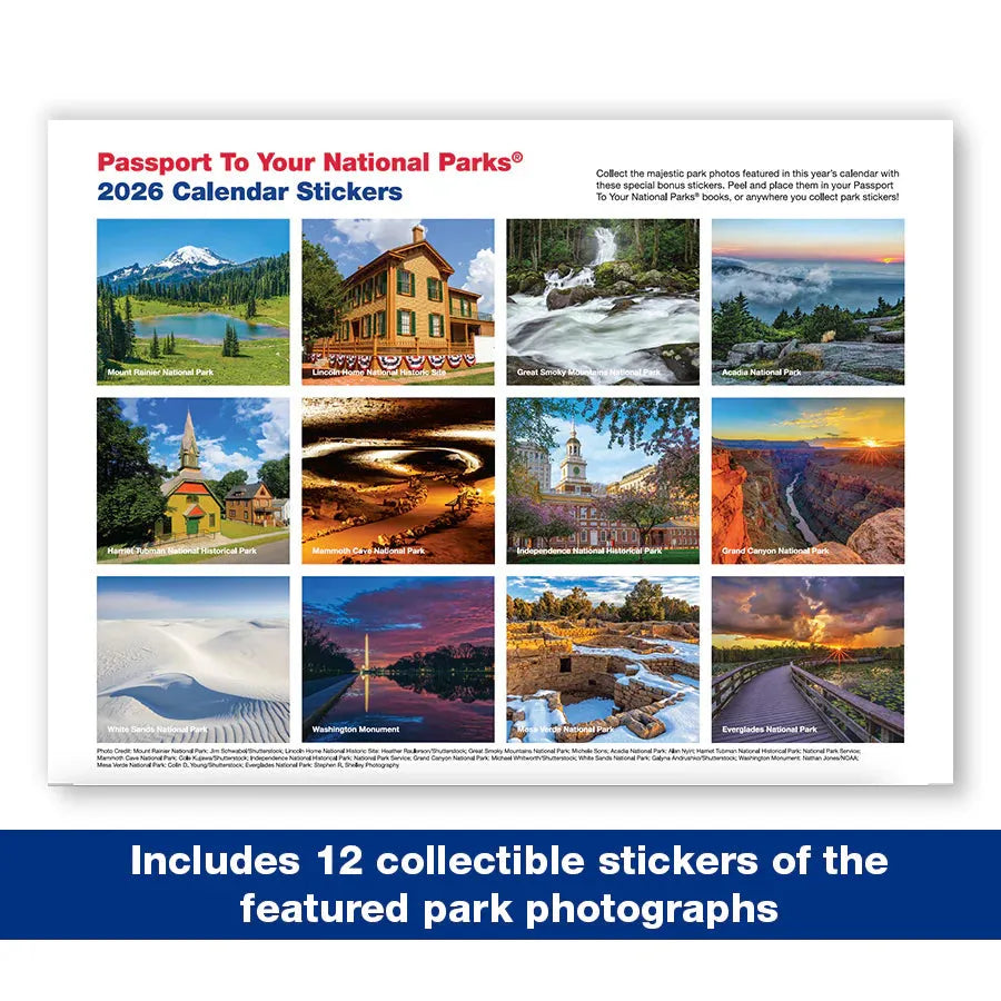 Calendar stickers with images of national parks and text about the 2026 calendar.
