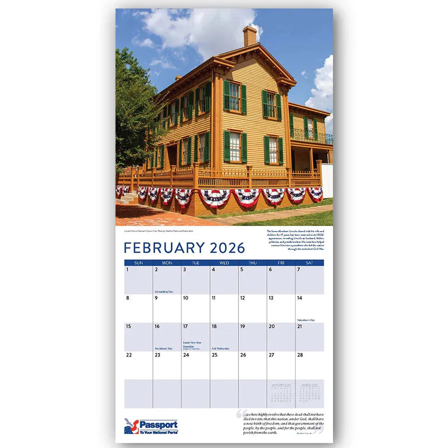 Calendar for February 2026 featuring a historical house with bunting, on a white background.