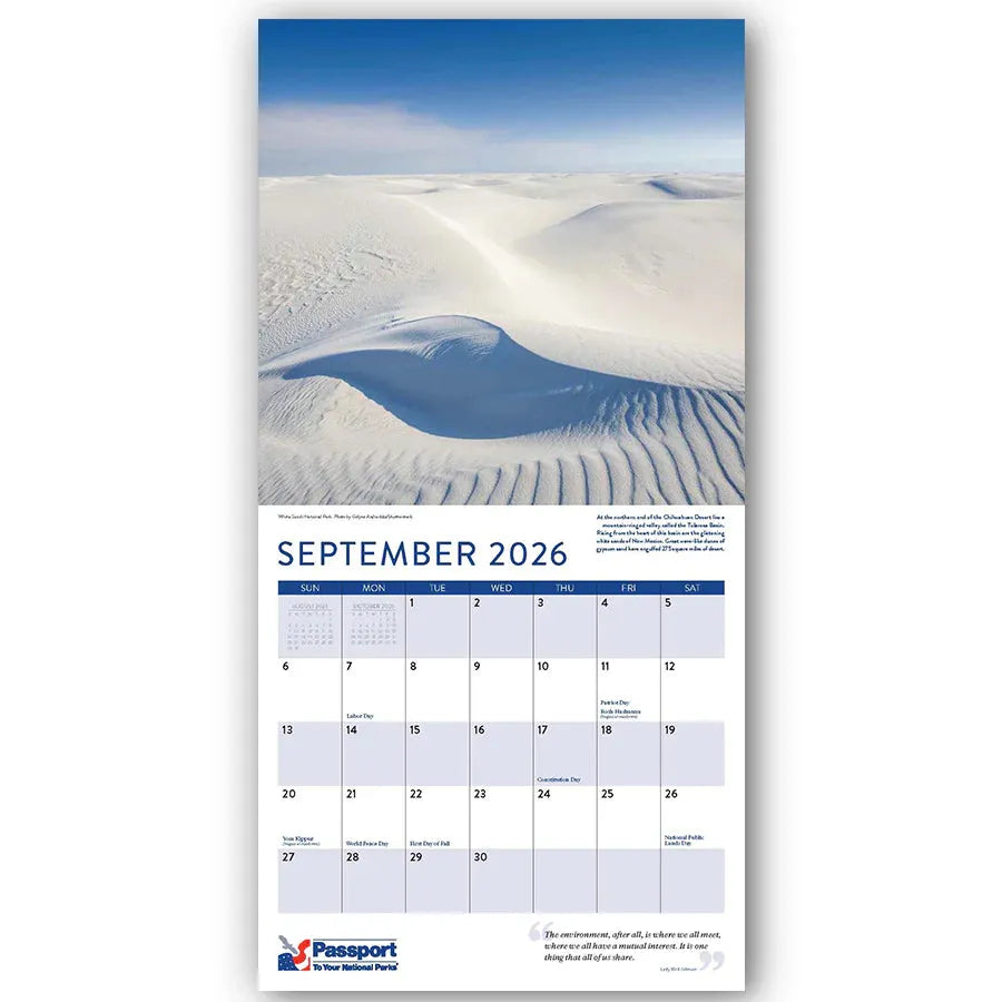 Calendar for September 2026 with a scenic landscape on a white background