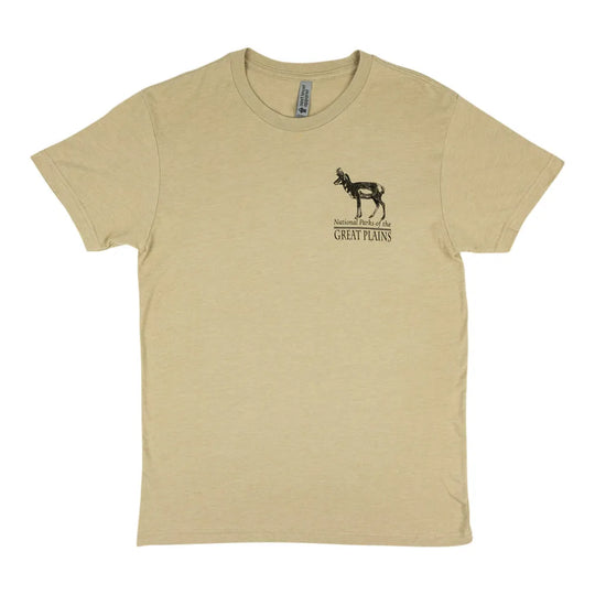 Beige t-shirt with a graphic design about the National Parks of the Great Plains on a white background