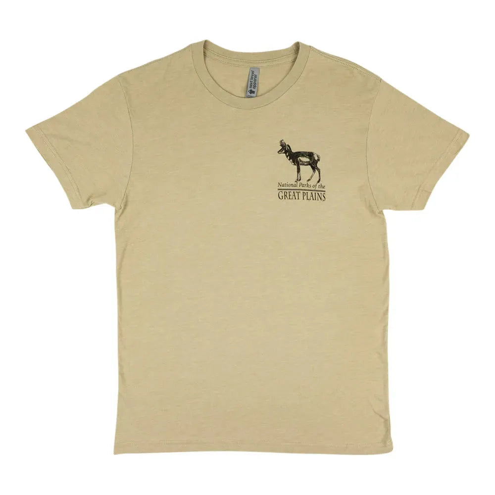 Beige t-shirt with a graphic design about the National Parks of the Great Plains on a white background