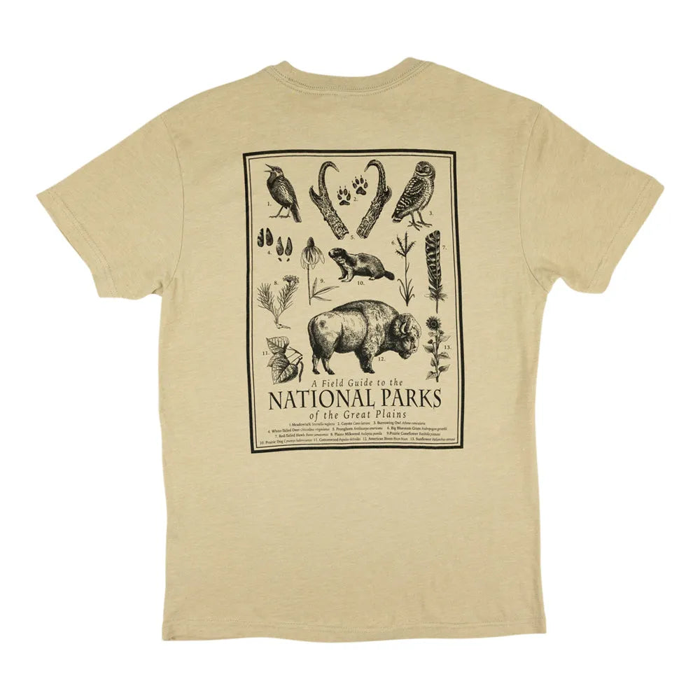 Beige t-shirt with a graphic of animals and text on the back, on a white background