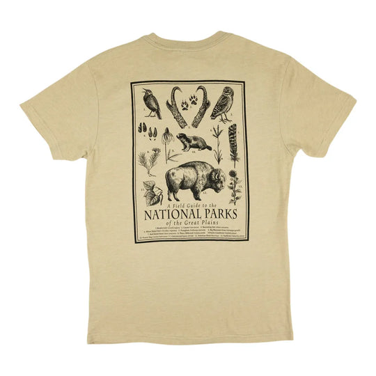Beige t-shirt with a graphic of animals and text on the back, on a white background