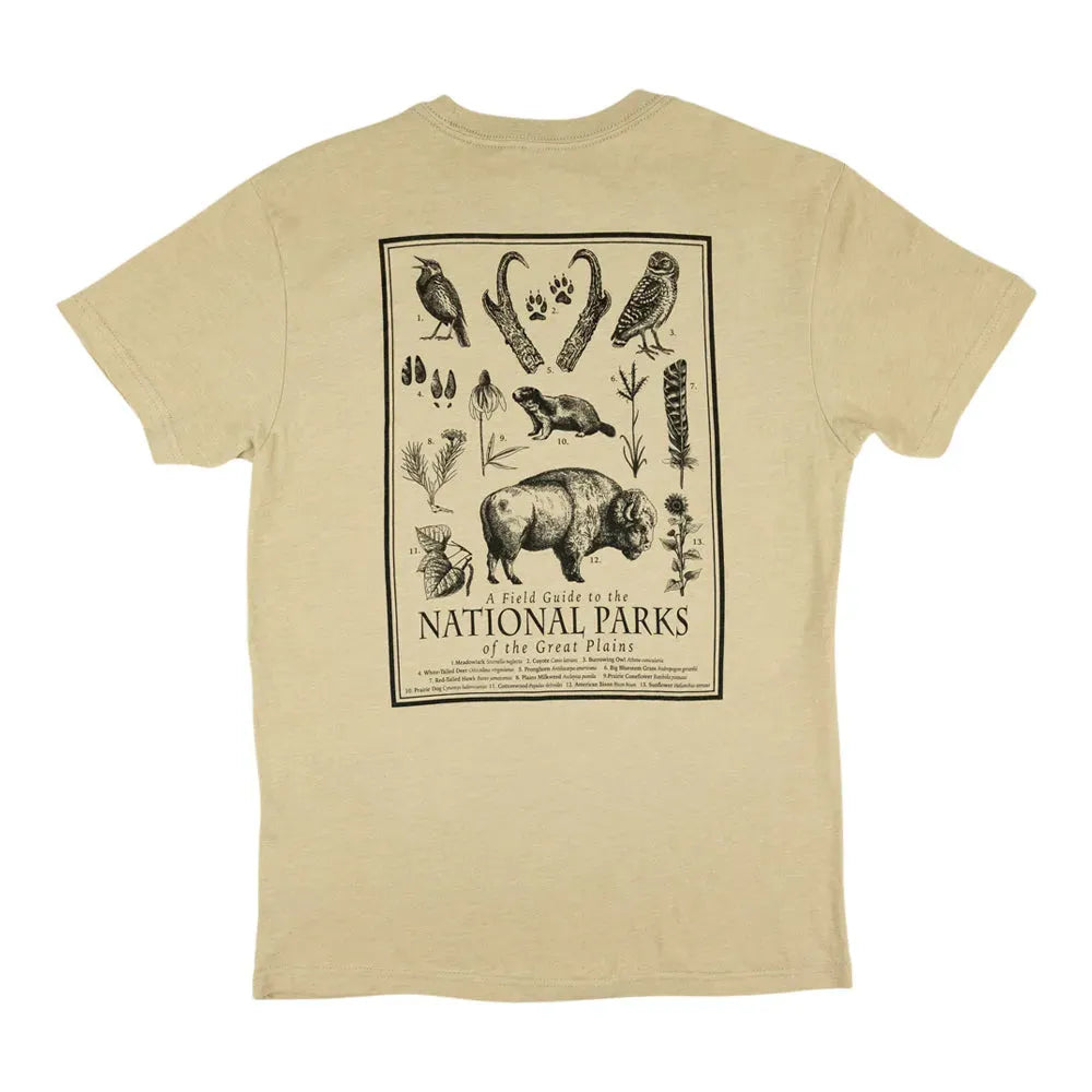 Beige t-shirt with a graphic of animals and text on the back, on a white background