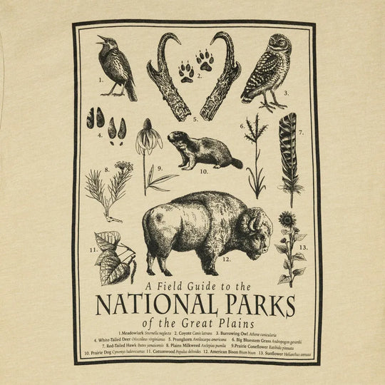 Illustrated field guide to the National Parks of the Great Plains on a beige background