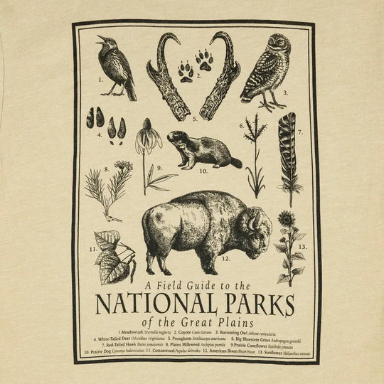 Illustrated field guide to the National Parks of the Great Plains on a beige background