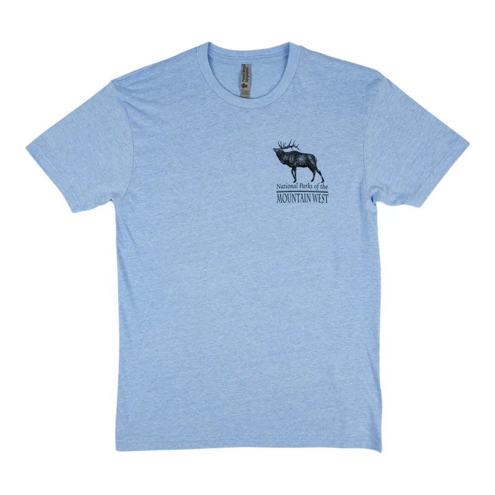 Light blue t-shirt with a deer graphic and National Parks of the Mountain West text on a white background