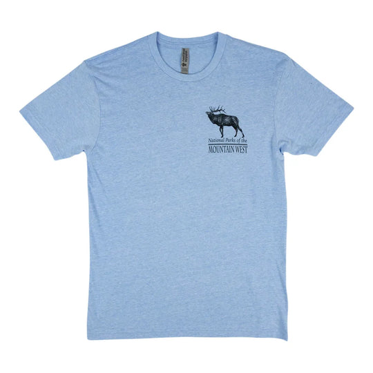Light blue t-shirt with a deer graphic and National Parks of the Mountain West text on a white background