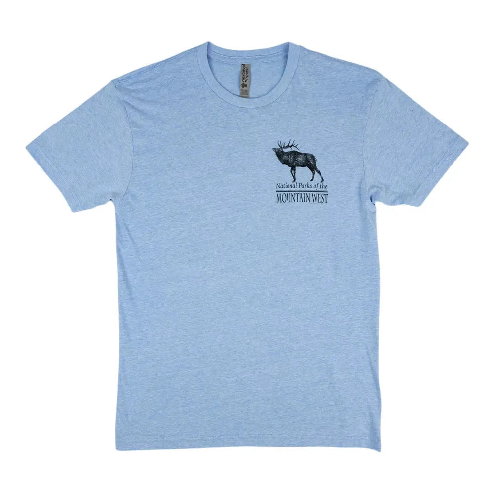 Light blue t-shirt with a deer graphic and National Parks of the Mountain West text on a white background