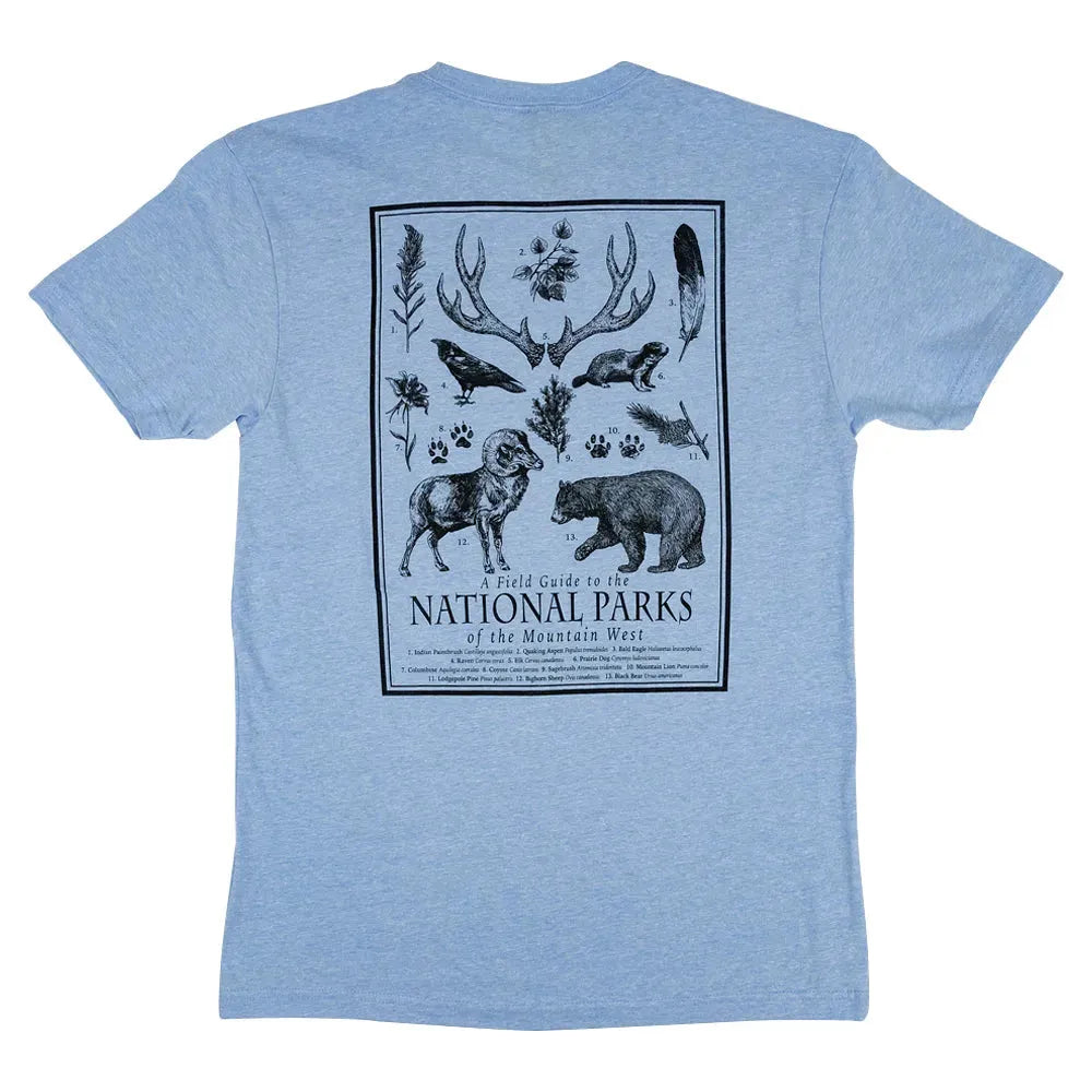 Light blue t-shirt with a graphic of bears and nature elements on the back, on a white background.