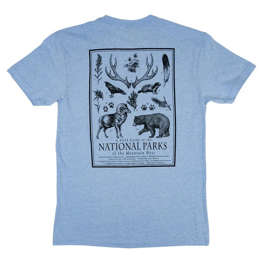 Light blue t-shirt with a graphic of bears and nature elements on the back, on a white background.