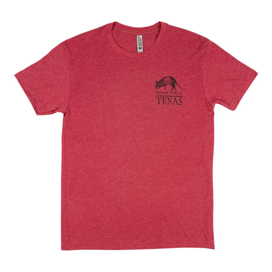 Red t-shirt with a National Parks of Texas logo and text on a white background