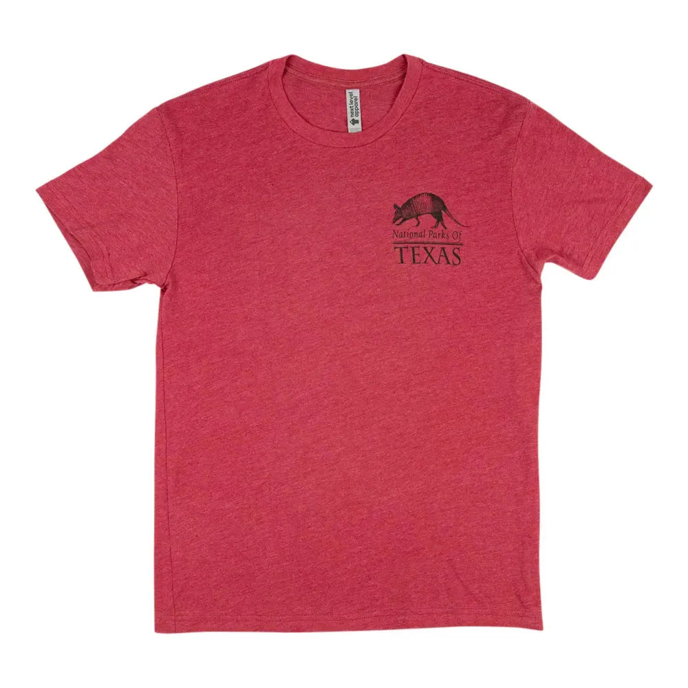 Red t-shirt with a National Parks of Texas logo and text on a white background