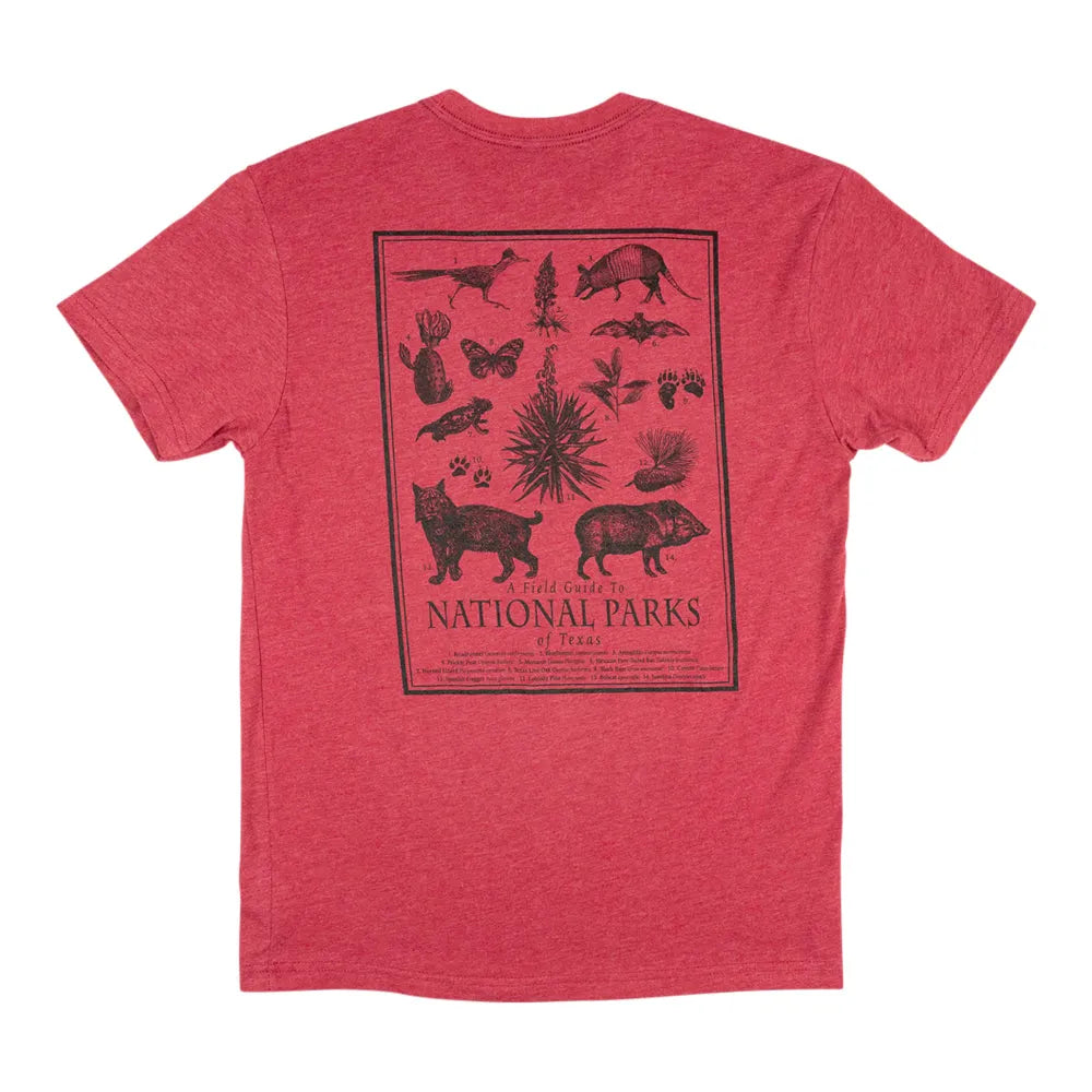Red t-shirt with black graphic design on a white background