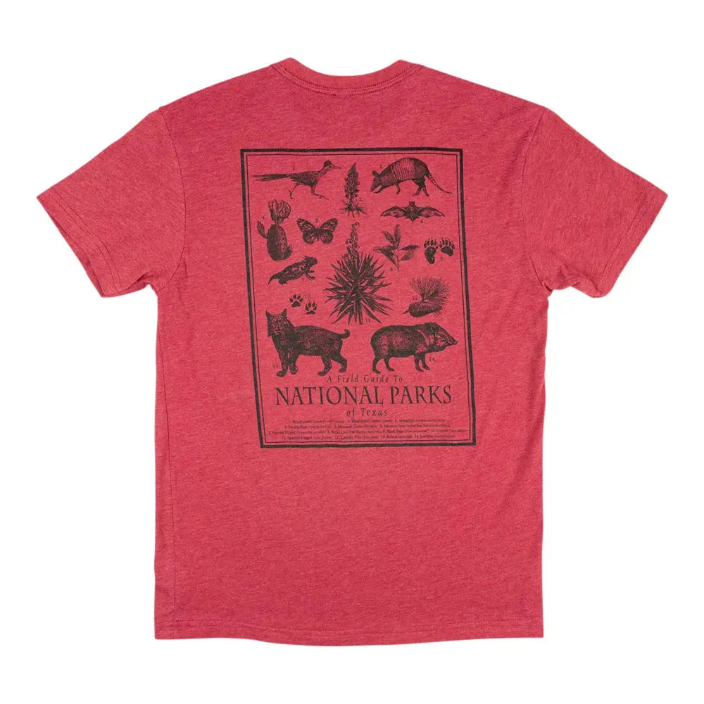 Red t-shirt with black graphic design on a white background