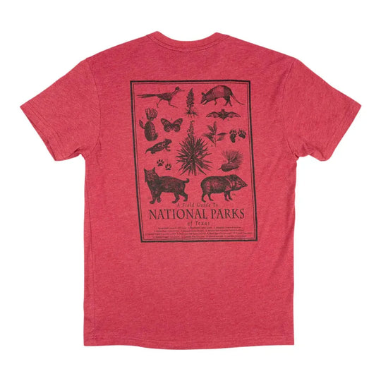 Red t-shirt with black graphic design on a white background
