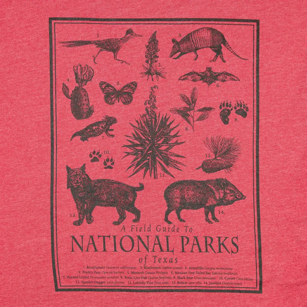 Red t-shirt with black illustrations of animals and plants and text about National Parks of Texas on a red background.