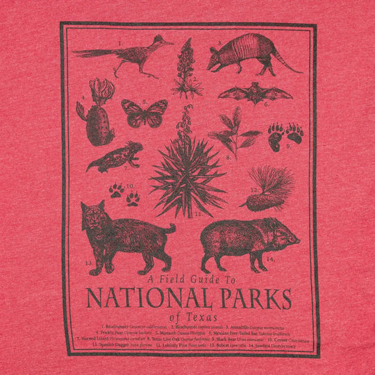 Red t-shirt with black illustrations of animals and plants and text about National Parks of Texas on a red background.