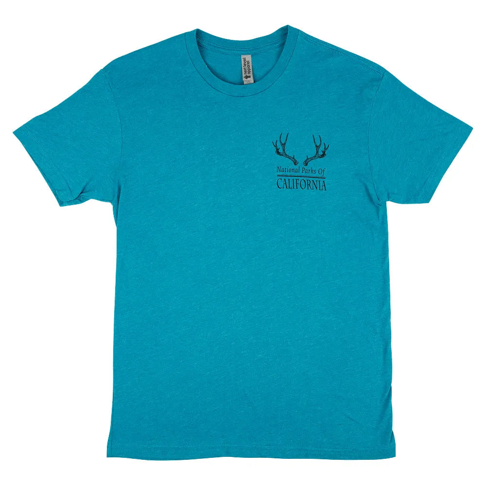 Blue t-shirt with a logo and National Parks of California text on a white background
