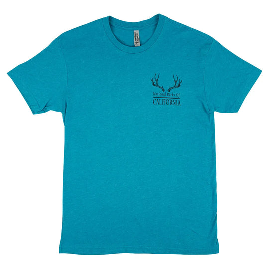 Blue t-shirt with a logo and National Parks of California text on a white background