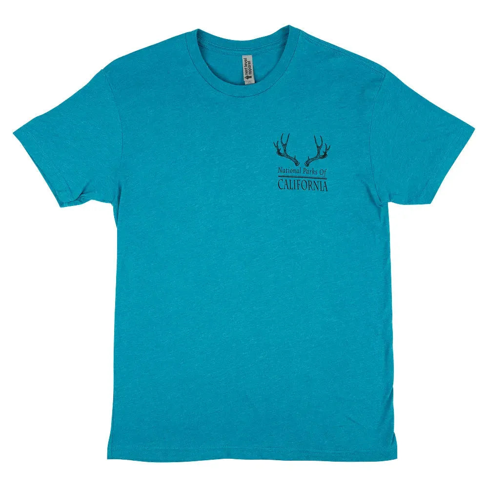 Blue t-shirt with a logo and National Parks of California text on a white background