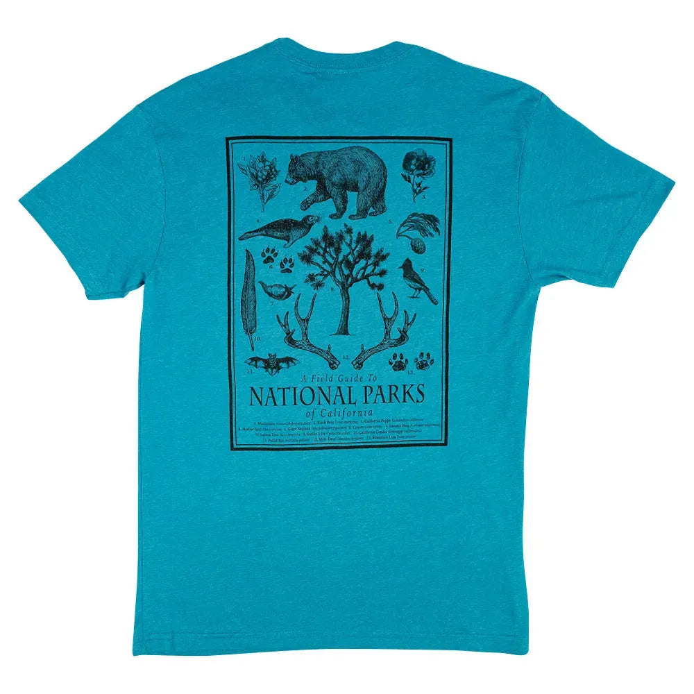 Blue t-shirt with a graphic design on the back featuring nature elements and text.