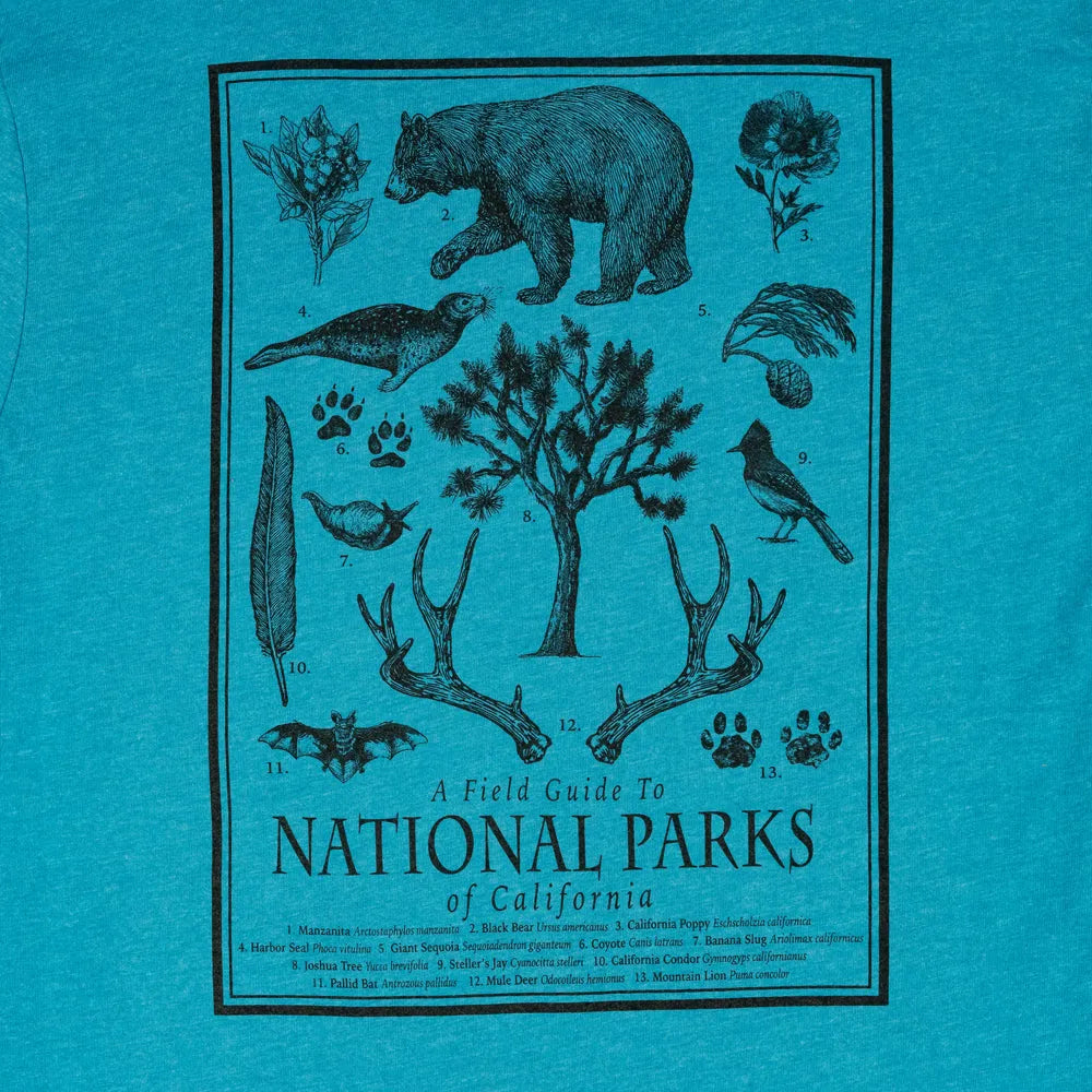 Blue t-shirt with black illustrations and text about National Parks of California on a blue background