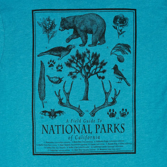 Blue t-shirt with black illustrations and text about National Parks of California on a blue background